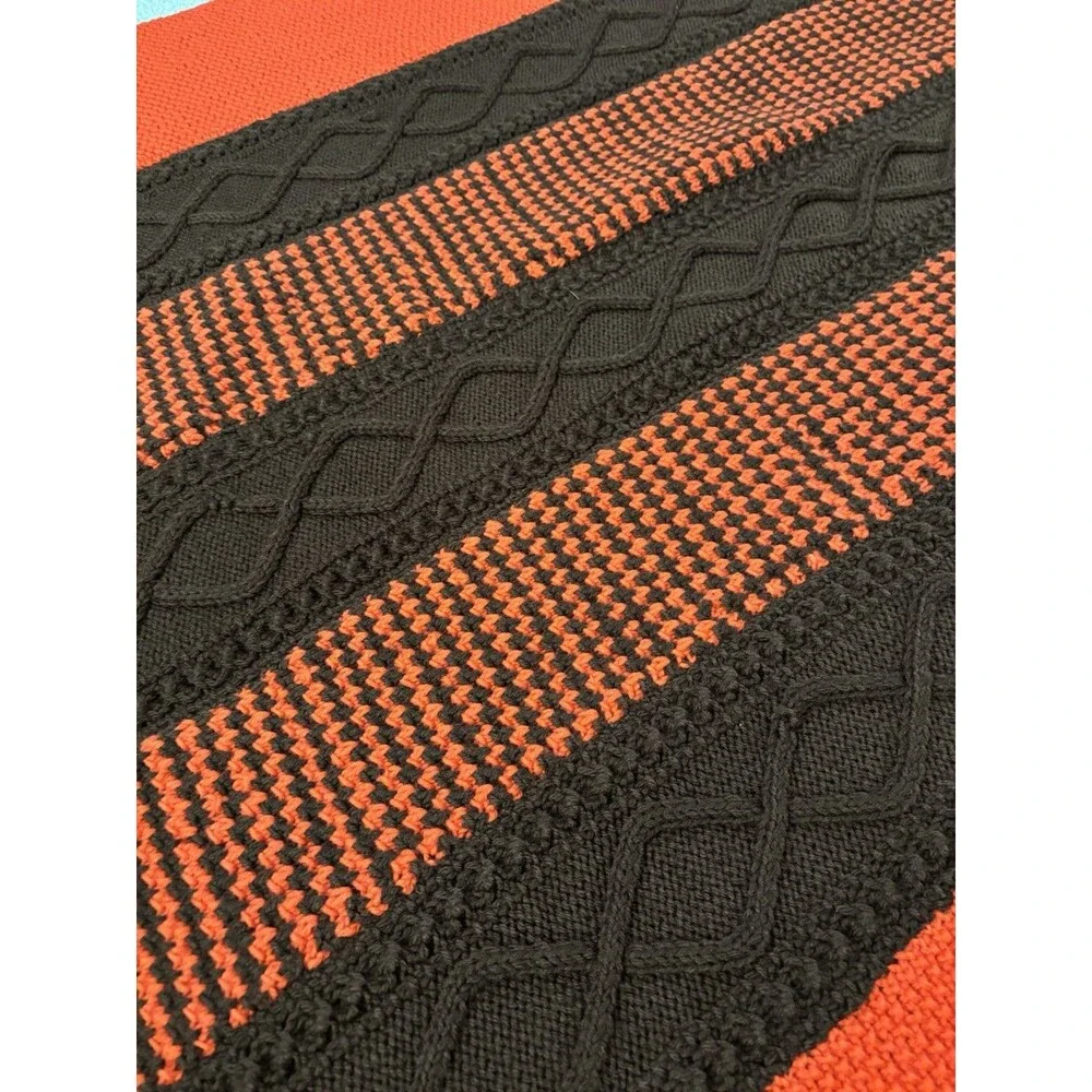 VintageHandmade Throw Blanket 50x76 Orange Brown Cable Knit Afghan Fringe Rustic